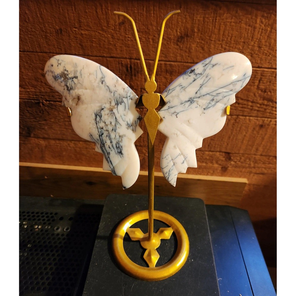 Beautiful Dendritic Agate Butterfly Wings with Stand, Large Butterfly Carving